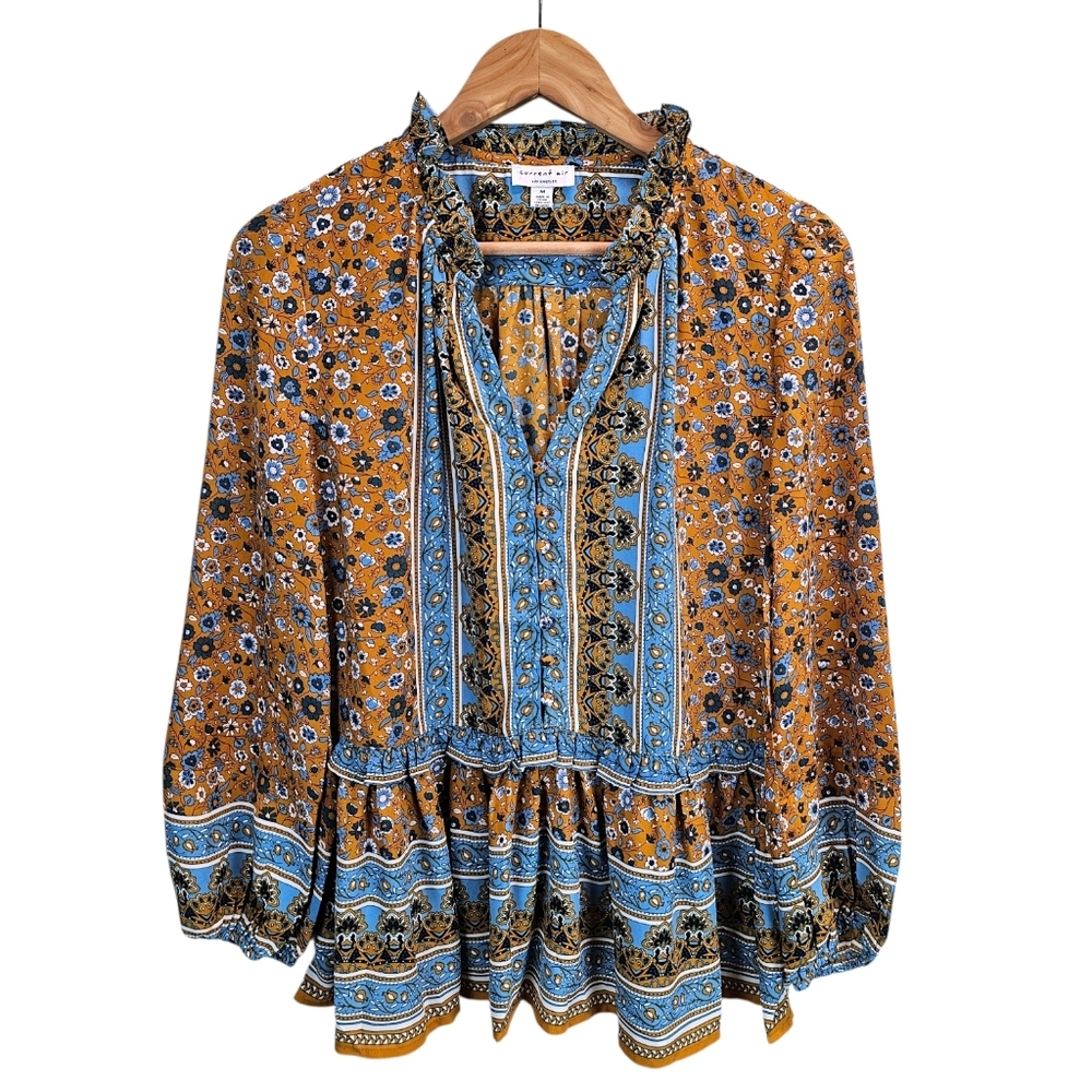Current Air Boho Folk Floral Ruffle Neck Peasant Blouse Medium Tiered Hem - Picture 3 of 15